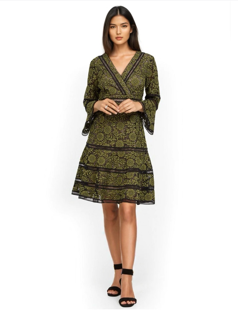 Shani Bell-Sleeve Surplice Olive Floral Lace Dress Size 8